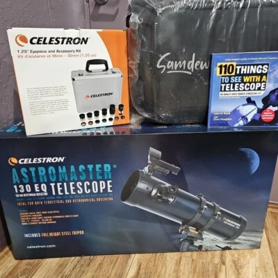 NEW Celestron Telescope AstroMaster 130EQ & Eyepiece Filter Acc. Kit, Bag, Book - Image 1 of 4