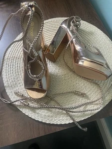 Boohoo Bronze Patent Platform Sandals Ties Round Leg Size 6 Pole Dancing Cosplay - Picture 1 of 7