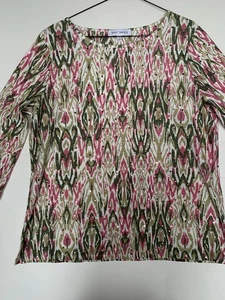 Emily Daniels Top Damen L weiß rosa grün geometrisches Pailletten Stretchstoff " - Bild 1 von 6