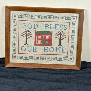 Vintage Handmade Framed Needlepoint God Bless Our Home 10 x 13 Finished - Picture 1 of 5