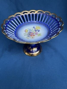 Vintage PM Germany Sockel Schale blau floral Porzellan netzförmig vergoldet - Bild 1 von 4