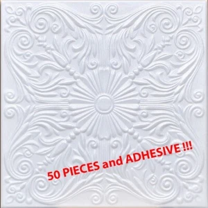 Piastrelle per Soffitto, 20" x 20", Incolla, ASTANA Bianco, 50 PEZZI E ADESIVO (3Tubi) - Foto 1 di 5
