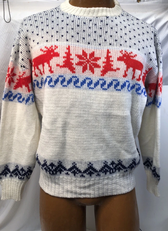 Vintage Men’s Christmas KNIT Acrylic Reindeer Ski Sweater  size L holiday   - Image 1 of 4