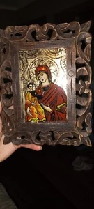 Theotokos (Mother of God) Icon Hand Painted Reverse Glass Technique 8.5x10 in - Picture 1 of 3