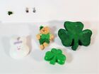 4 St. Patrick's Day Green Shamrock Pins & 1 Easter Bunny Pin - 1 Bunny Earrings