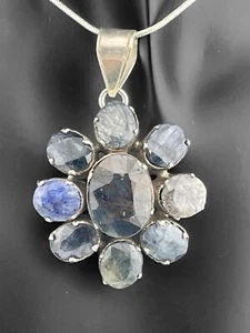 925 Sterling Silber facettierte Saphire ovale Steine Anhänger Halskette Blume Indien - Bild 1 von 23