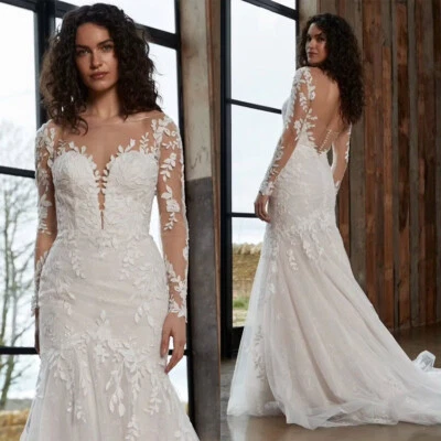 Brautkleid Hochzeitskleid Langarm Spitze Aufkleber Mermaid Plus Size 38 40 42 44 - Bild 1 von 4