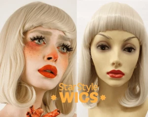 DELUXE PLATINBLONDE PAGEBOY ADRETTE BOB PERÜCKE MIT STUMPFEN FRANSEN PONY, VINTAGE - Bild 1 von 5