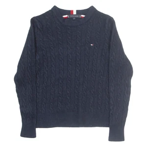 TOMMY HILFIGER Girls Jumper Blue V-Neck Cable Knit Wool L - Picture 1 of 6