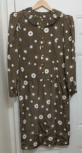 Vintage louis feraud womens Sz 8 dress fuff shoulder midi  green pleated collar - Picture 1 of 8