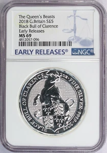 2018 Great Britain Queen's Beast Black Bull $5 Silver, NGC MS69, Early Release - Picture 1 of 2