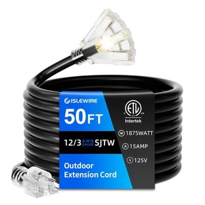 50 FT Outdoor Extension Cord with Multiple Outlets, 12 Gauge Heavy Duty Black... - Picture 1 of 8