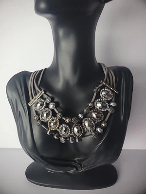 Vintage Silver Tone Leather Necklace Beaded Gray Gold Brown Crystals Jewelry - Image 1 of 4