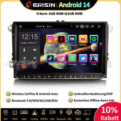 9" Android 14 DAB+Autoradio GPS Für VW Golf 5/6 Passat Polo Tiguan Caddy T5 Seat - Bild 1 von 4