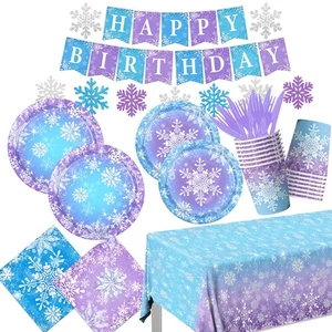 142Pcs Winter Snowflake Birthday Party Supplies Party Tableware Blue Snowflak... - Picture 1 of 6