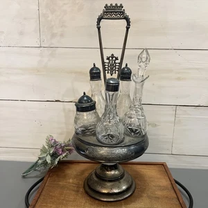 Antik Silber Teller geätztes Glas Gewürz Kruzifix 6-teiliges Set Caddy Karussell 19. Jh. - Bild 1 von 24