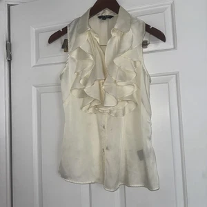 Rajph LAUREN** Women Ivory Silk Sleeveless Ruffs Button-Up Shirt Top Blouse 10 M - Picture 1 of 4