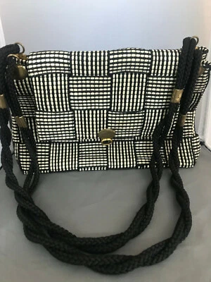 Vintage Gabriella Italy Cross Body Bag Purse Woven Black White Brass from 1970's - Image 1 of 4