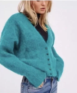 Cardigan Free People misto lana mohair verde acqua lavorato a maglia blu donna XS - Foto 1 di 5