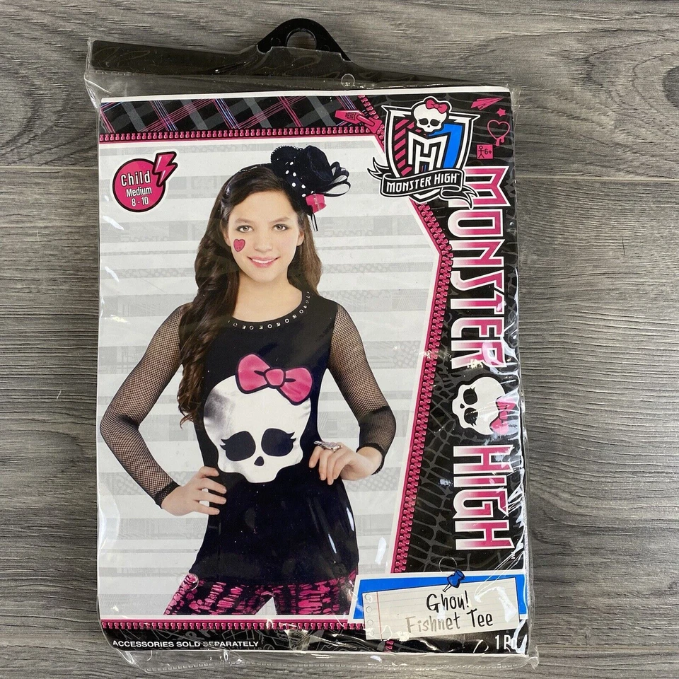 Monster High Ghoul Fishnet Black Tee Skull Pink Bow Child Size Medium 8-10