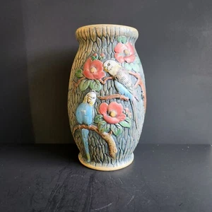 Vaso unico in argilla dipinto a mano 10", pappagalli e fiori, arte giapponese - Foto 1 di 4