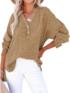 Camisas informales de manga larga con botones y cuello en V de Simplifyleast para mujer, blusas de gran tamaño - Imagen 1 de 21
