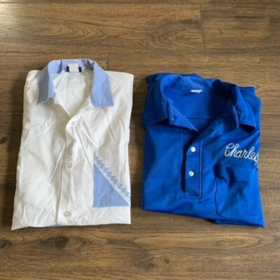 2- Vtg 80's 90's Bowling Golf Polo Shirt XL  "Charles" Made in USA Blue Retro - Image 1 of 4