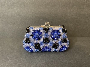 Handcrafted Plastic Blue And Clear Beads Coin Bag Small Purse Wallet - Picture 1 of 6