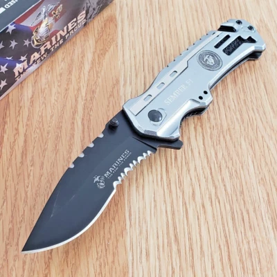 Cuchillo Plegable Asistido por Rescate USMC 3.25" Hoja de Acero Inoxidable Mango de Aluminio Foto 1 de 4