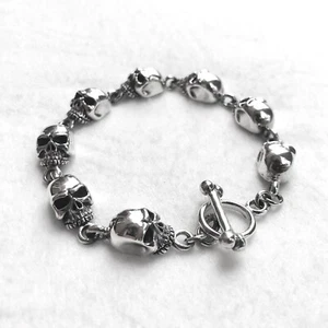 Handcrafted 925 Sterling Silver Skull Punk Skeleton Gothic Biker Bones Bracelet - Picture 1 of 2