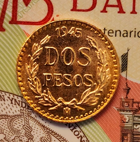 1945 Dos Pesos .0482 oz 1.366g .900 Fine Mexican Gold - BU in Capsule Cover