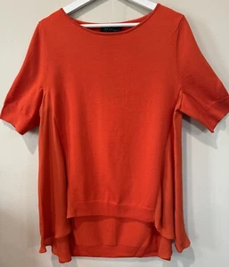 Suéter de lana de manga corta ST JOHN rojo naranja alto acento de seda talla mediana $595 - Imagen 1 de 10