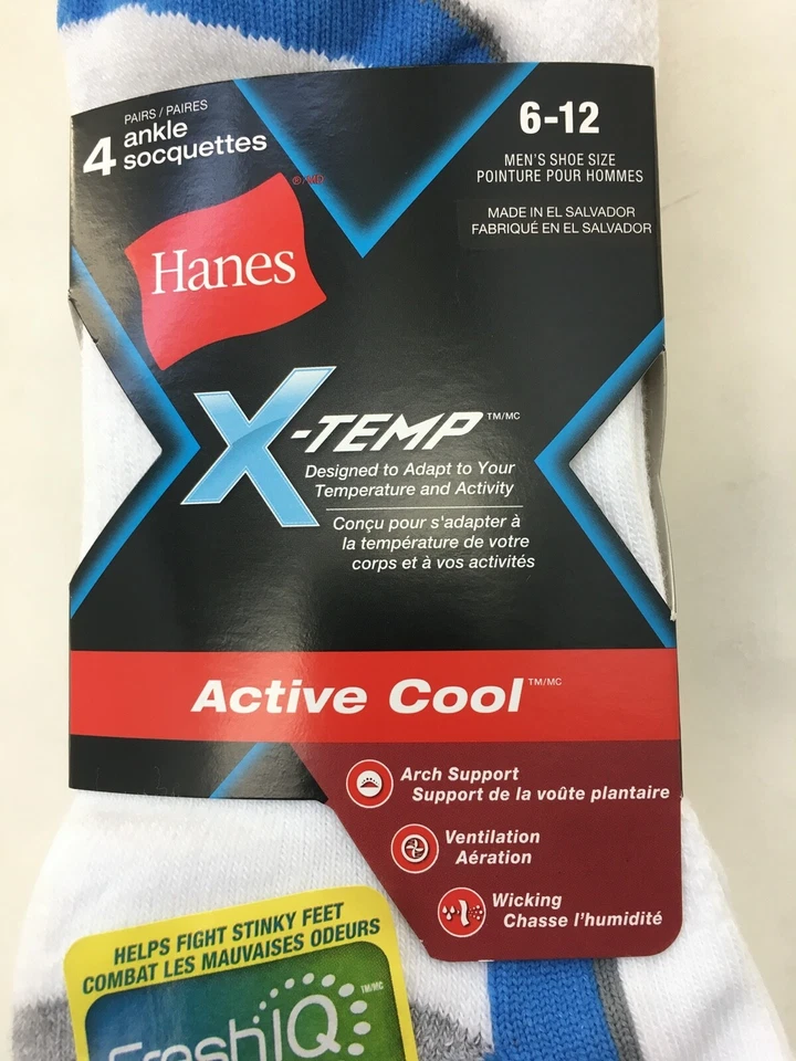 1 Pack Hanes 4 Pares X-TEMP Hombre calcetines tobilleros Blanco Azul y Rojo Rayas TALLA 6-12 Foto 1 de 3