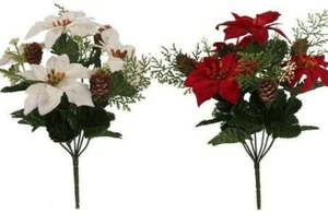 Artificial Flowers Christmas POINSETTIA Plants Bouquet Cone Fern Ivy Festive - Picture 1 of 18