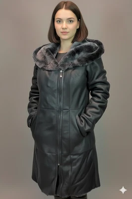 黑色/灰色 正品 100% 正品 SHEEPSKIN 剪绒皮革长外套连帽 XS - 6XL — 第 1/4 张图片