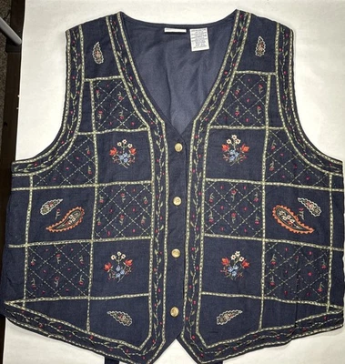 Bobbie Brooks 蓝色棉质背心女式 XL 14/16 复古波西米亚花卉灯芯绒 — 第 1/4 张图片