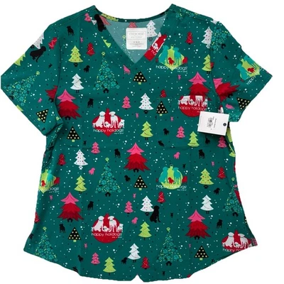 Happy Holidogs Cherokee Christmas  Scrub Top New  Sz M Nursing - Image 1 of 4