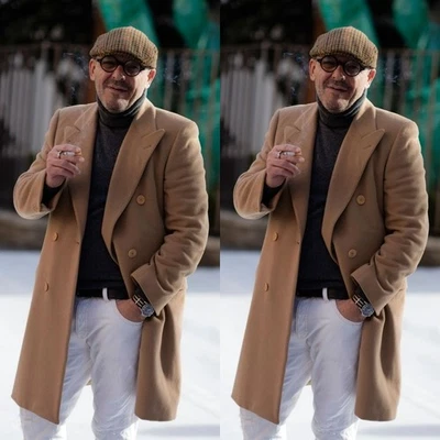 Khaki Men Long Overcoat Cashmere Peak Lapel Winter Outdoor Wear Men Long Jacket - Image 1 of 4