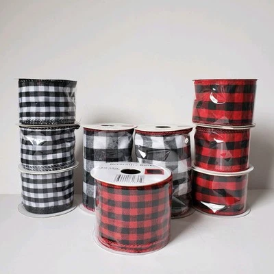 Lot Of 9 Rolls Buffalo Plaid Ribbon Wired Bows 4 In X 12 Ft, 2" X 9', 2.5" X 9' - Image 1 of 4