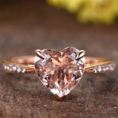 Alianza de oro rosa sólido 100 % diamante natural de morganita y corazón de 5,20 quilates Foto 1 de 4