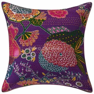 Indian Cotton Throw Pillow Cover Purple 24 Inch Kantha Tropicana Cushion Cover - Picture 1 of 5