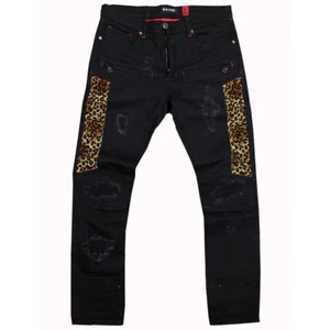Men Big & Tall Ripped Repair Jeans With Leopard Print Patch Black Black 54/34 - Picture 1 of 4