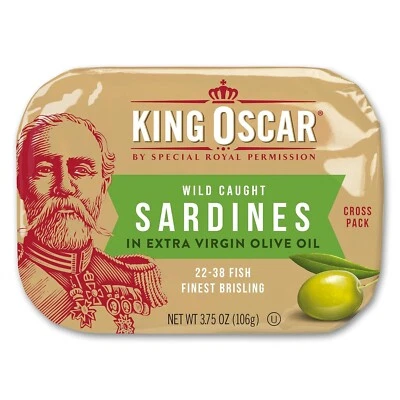 Paquete cruzado de aceite de oliva virgen extra de sardinas King Oscar Brisling, paquete de 12 3,75 onzas Foto 1 de 4