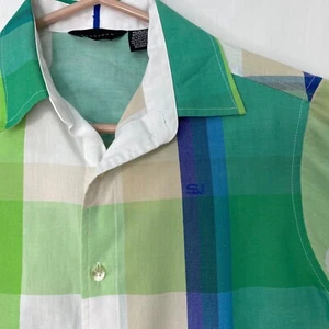 Sean John Boys Size Medium Button Front Shirt Green Blue Plaid Short Sleeves - Picture 1 of 6