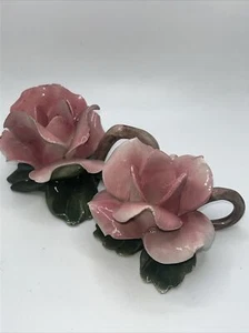 VTG pair Capodimonte PINK ROSE CANDLE HOLDERS Figurine Handle Candlestick Italy - Picture 1 of 13