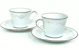 Set 2 tazze e piattini Noritake Casablanca bianco floreale bordo argento 6842 Giappone - Foto 1 di 12