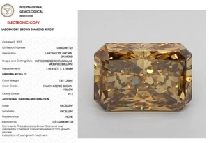 Diamante cultivado en laboratorio radiante de 1,51 quilates certificado IGI elegante marrón intenso amarillo VS2 - Imagen 1 de 10