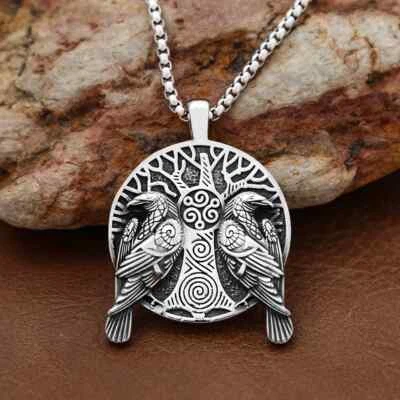  Colar Viking Odin Double Ravens Pingente Aço Inoxidável Árvore da Vida Nórdica  - Imagem 1 de 4