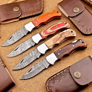 LOT OF 4 PCS! Handmade Damascus Pocket Knives – Folding Knives, W/Sheath IT-1047 - Picture 1 of 11