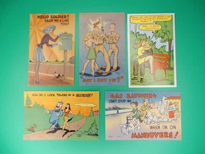 Vintage WWII Linen Unposted Postcard Lot Of 5 World War 2 WW2 US Army Comics - Picture 1 of 11